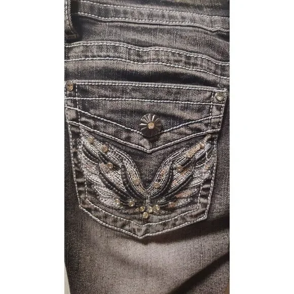 Love SOHO Acid-Wash Black Low-Rise Faux Diamond Studded Flare Jeans Small - Picture 8 of 8